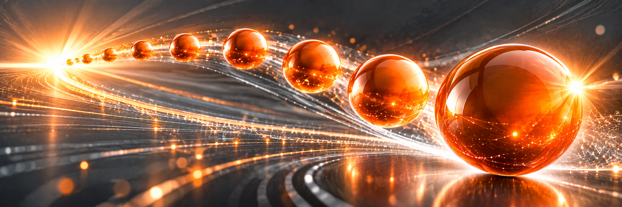 Parcours de sphères lumineuses orangées symbolisant la progression d'un écosystème marketing intégré