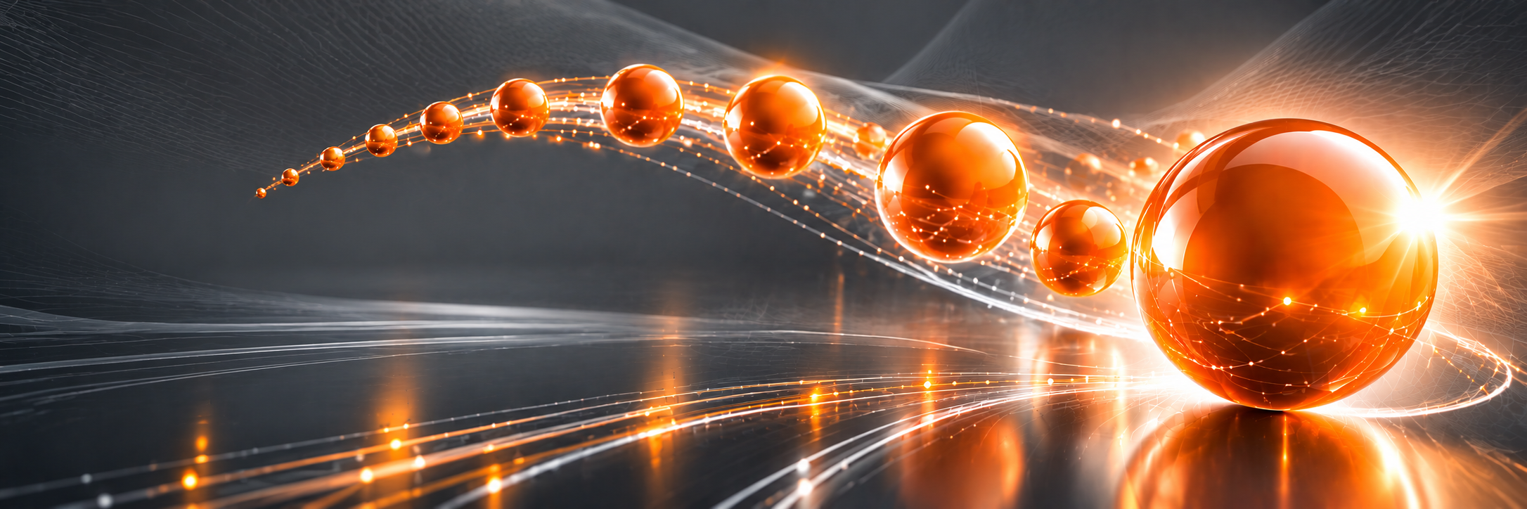 Parcours de sphères lumineuses orangées symbolisant l’analyse, les choix stratégiques et la progression d’une entreprise