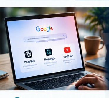 Ordinateur illustrant la recherche sur Google et les assistants IA