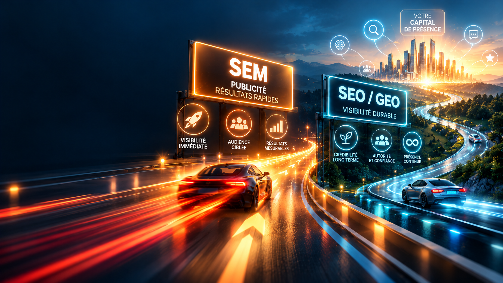 Deux trajectoires de visibilité : la publicité SEM pour accélérer, le SEO et le GEO pour construire une présence durable