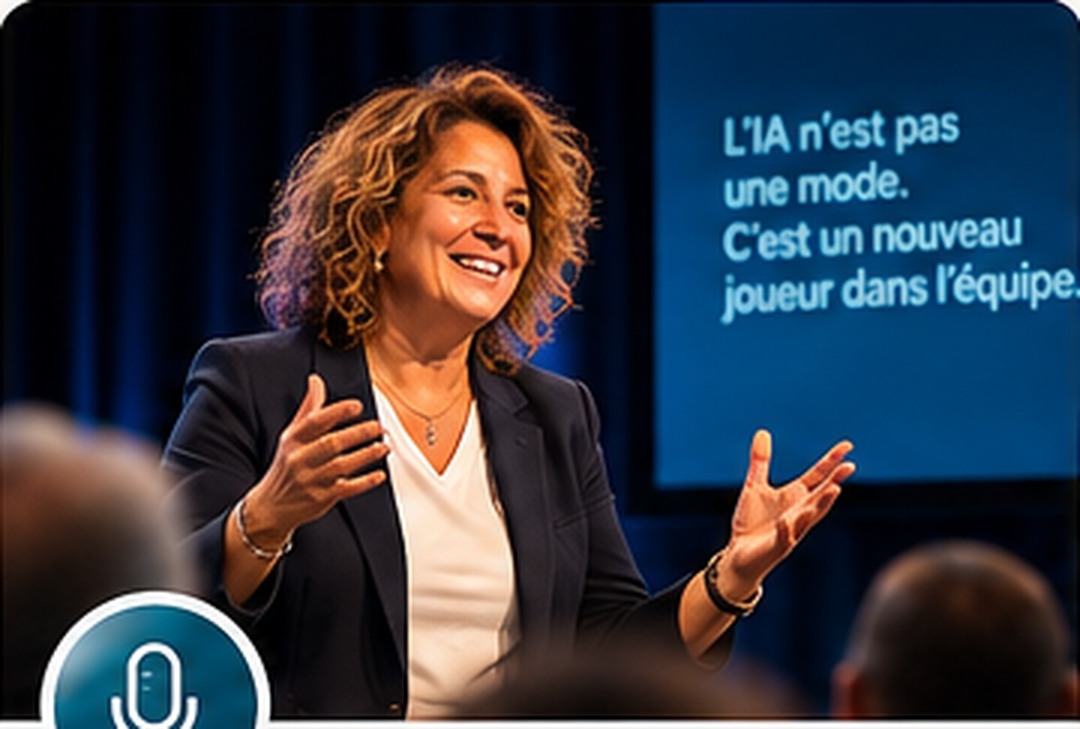 Scène illustrative de conférences sur mesure avec une consultante inspirée du portrait fourni