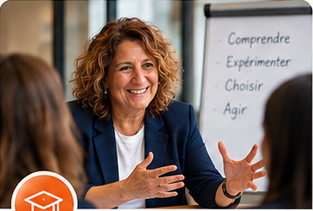 Scène illustrative de formations sur mesure avec une consultante inspirée du portrait fourni