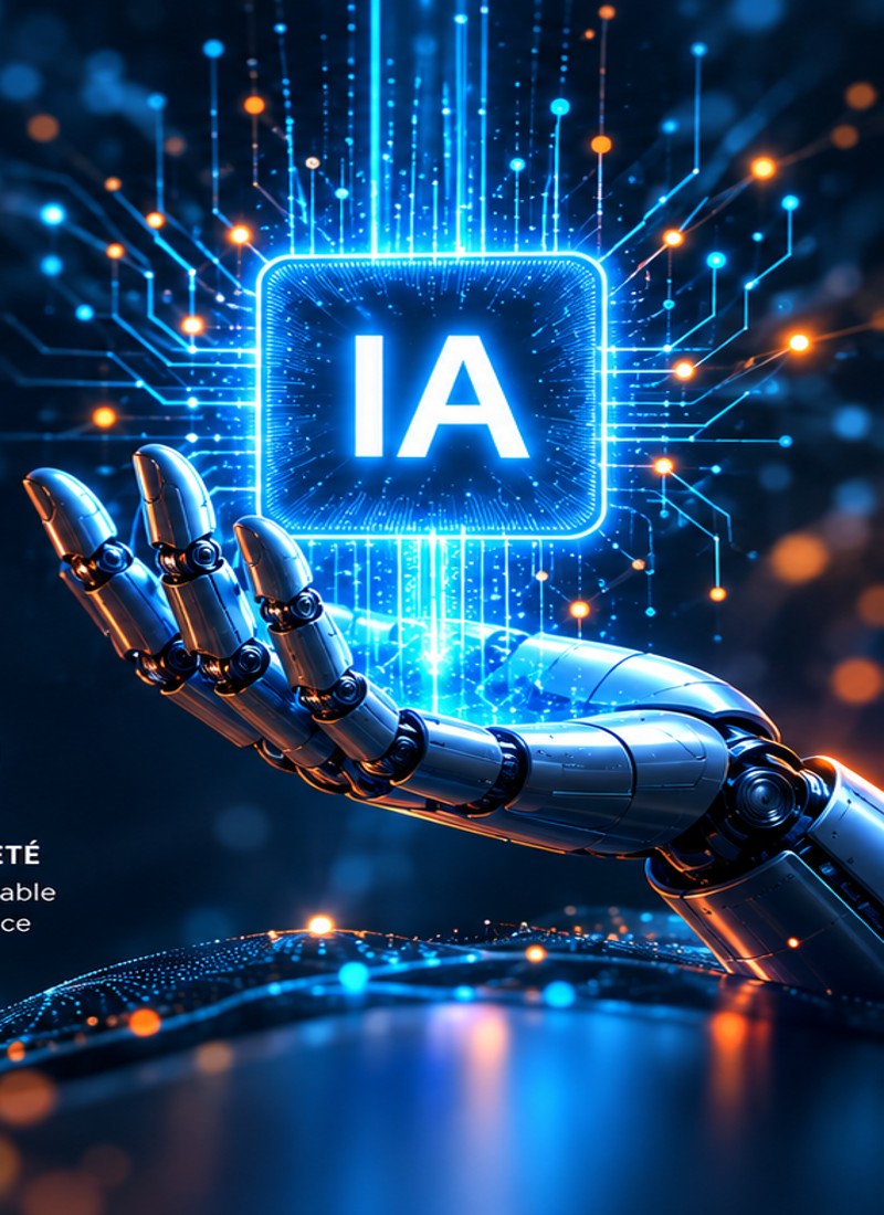 Main robotique soutenant une puce lumineuse symbolisant l'intelligence artificielle.